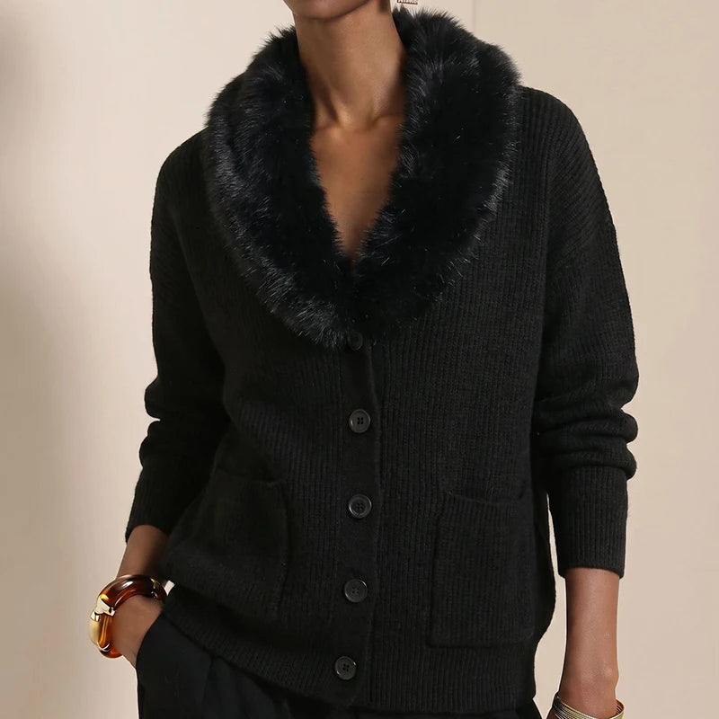 Women's Vintage V-Neck Knit Cardigan with Faux Fur Trim