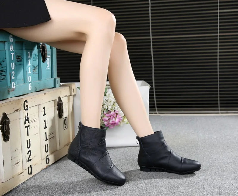 Women's Genuine Leather Platform Ankle Boots – Zip-Up Wedge Booties with Plush Option
