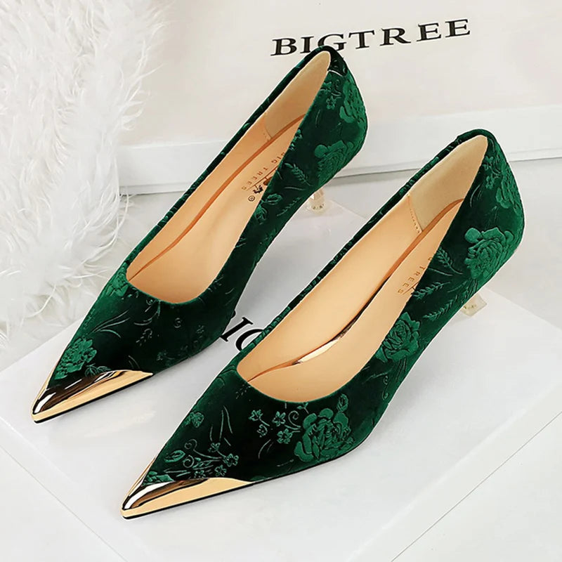 Vintage Suede Print 4cm High Heels Pumps Female Chic Metal Pointed Toe Elegant LADYLYS