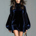 Women's Royal Blue Velvet Turtleneck Mini Dress