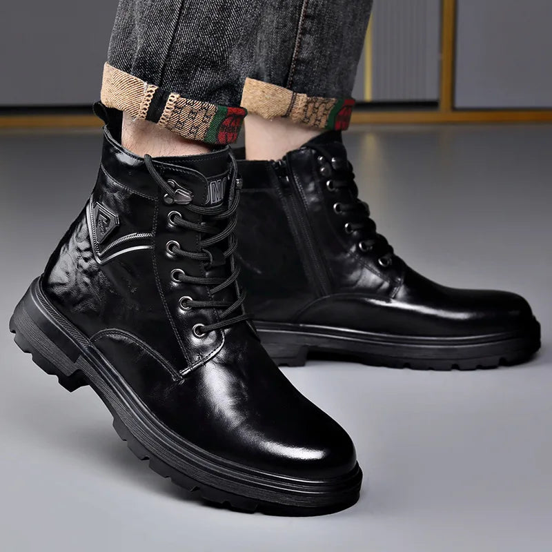 Men's Genuine Leather Platform Ankle Boots – Lace-Up Wool-Lined Waterproof Work Boots