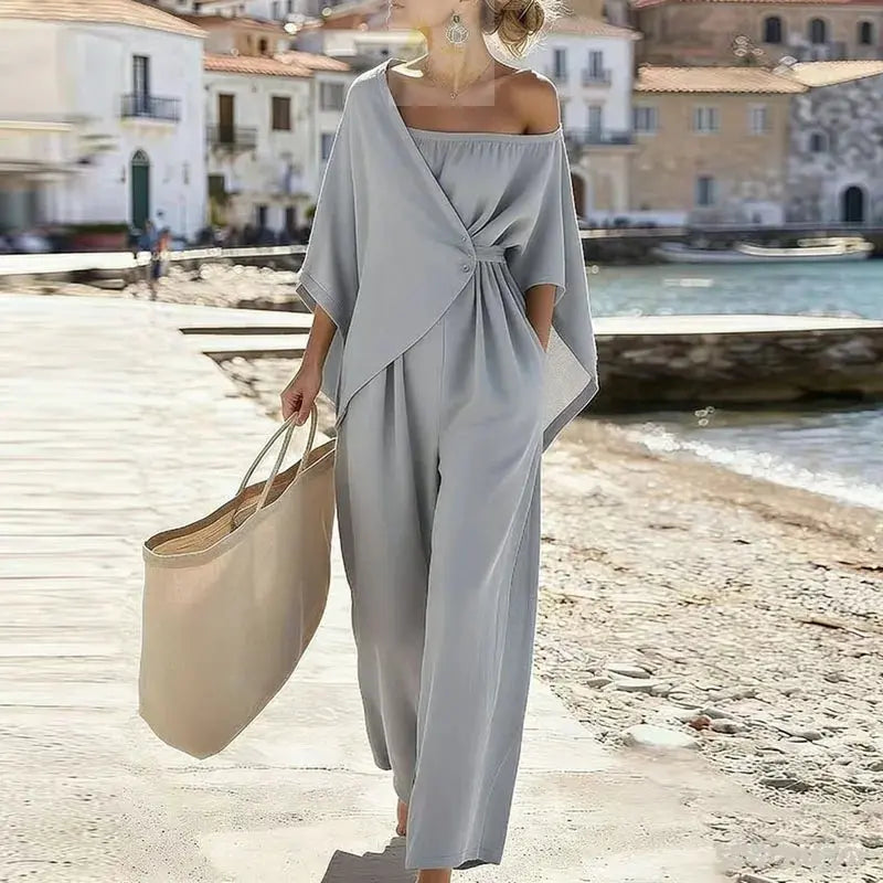 Elegant New Off Shoulder Hollow Jumpsuits Woman Batwing Sleeve Wrap Tie Waist Romper LADYLYS