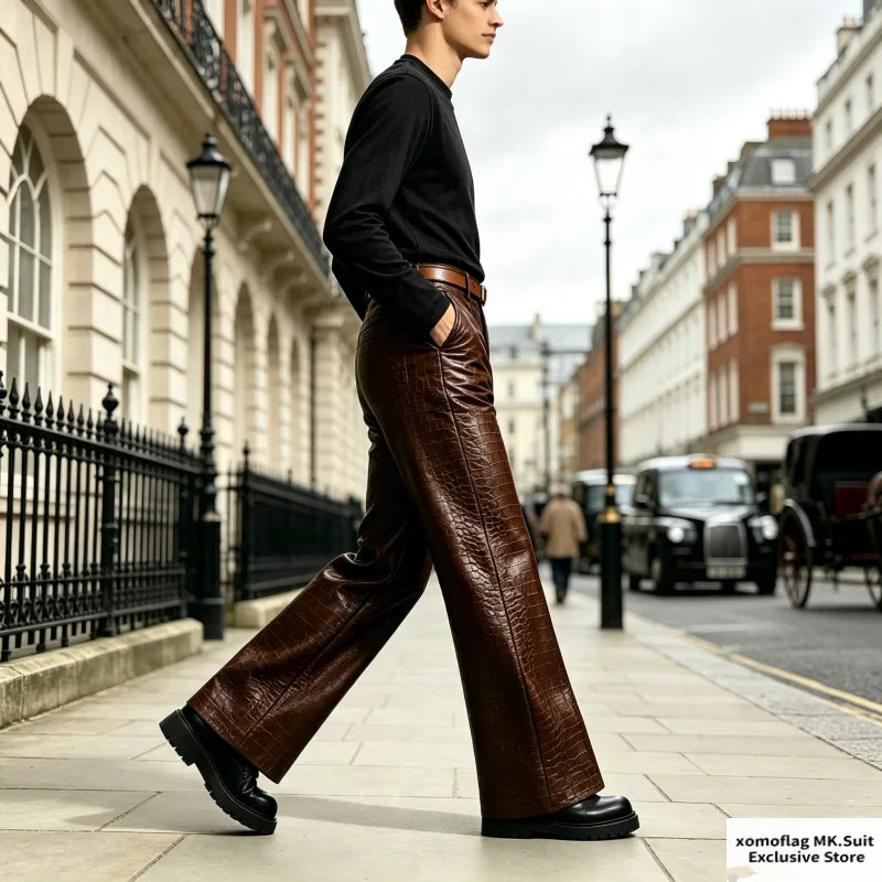 Men’s Crocodile-Effect Faux Leather Flare Pants