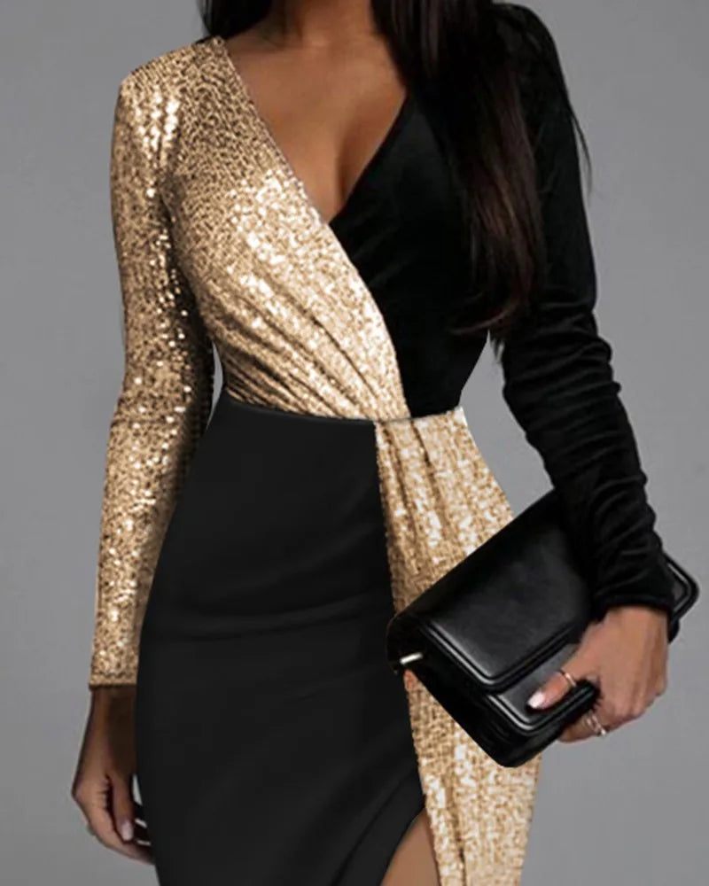 Temperament and ankle two-color black and gold ethnic style high waist solid color temperament dress long sleeve waist dress LADYLYS