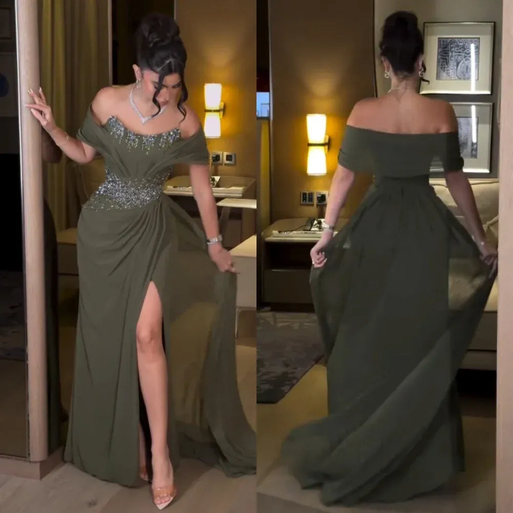 Off-Shoulder Chiffon Mermaid Evening Gown with Crystal Detail