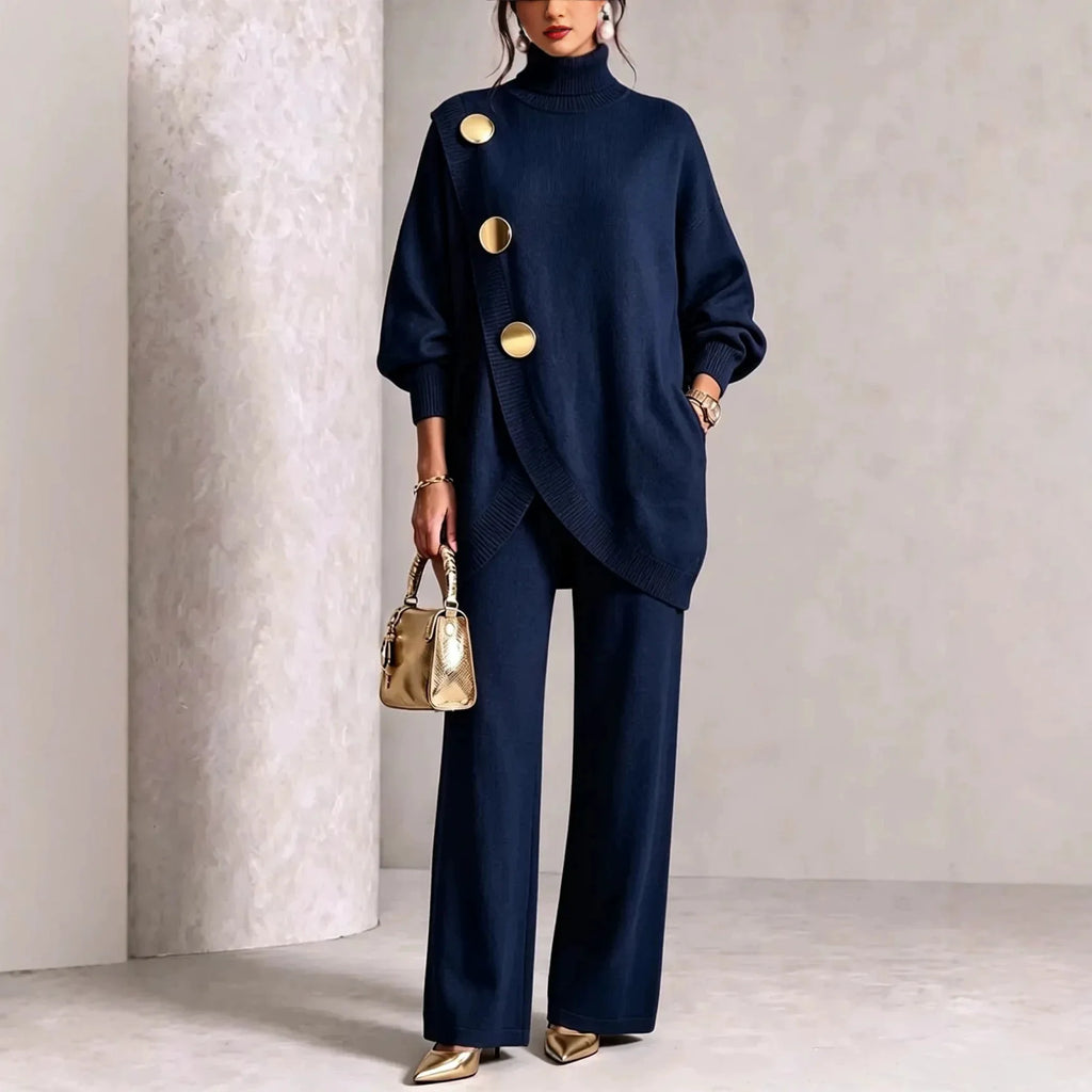 Women's Knit 2-Piece Set: Turtleneck Sweater and Wide-Leg Trousers