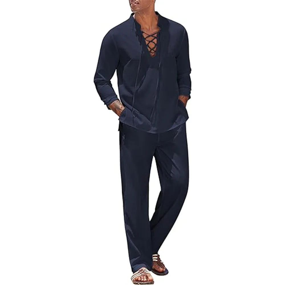 2pcs Set Men's Cotton Linen Shirt and Pants Suits LADYLYS