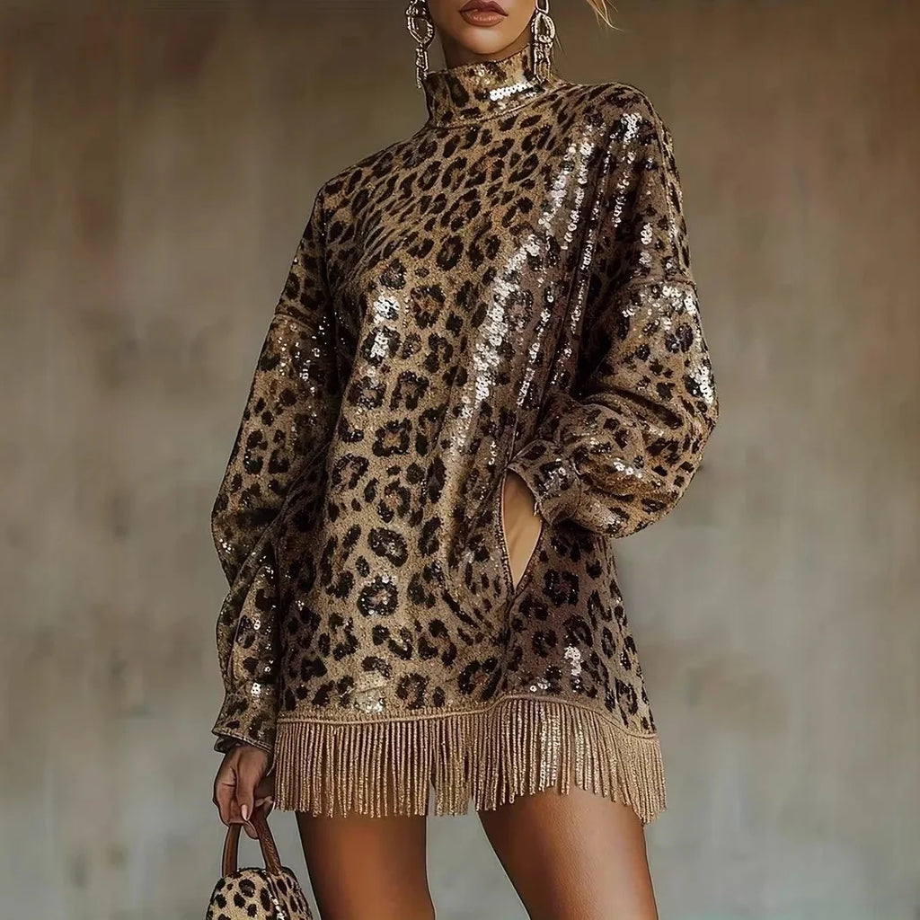 Women's Leopard-Print Tassel Turtleneck Dress