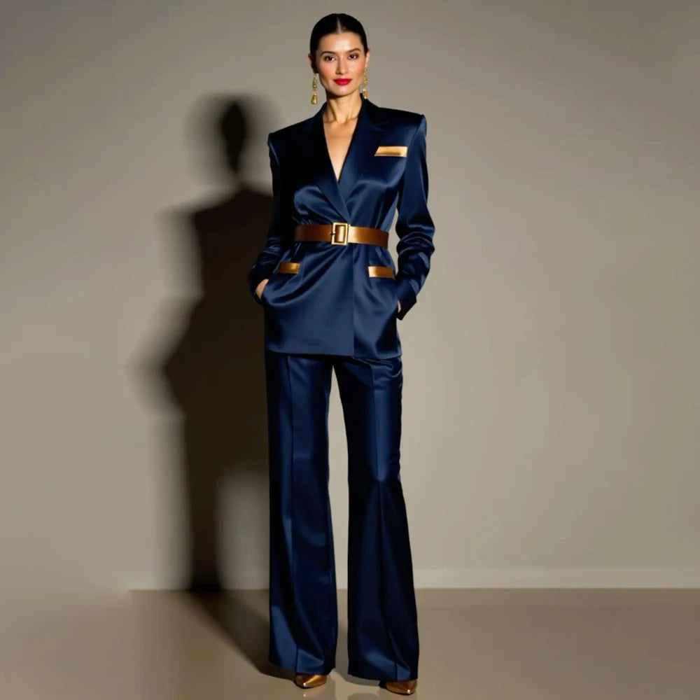 Evening Suits Luxury Belt 2 Piece Jacket Pants Lady's Clothing High Quality Outfits LADYLYS