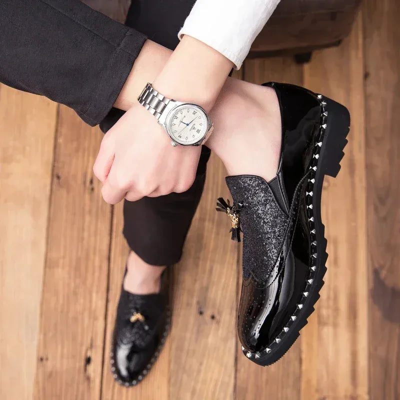 Men's Sequin Loafers in Black & Black Gold