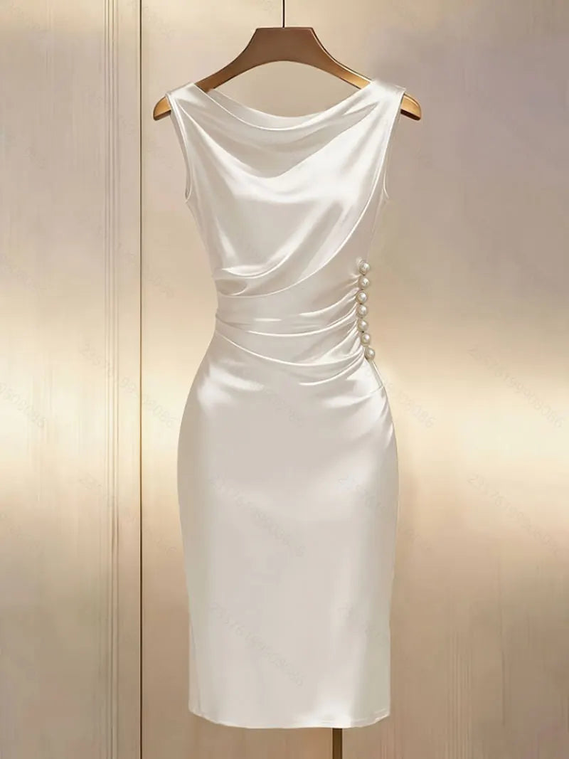 Fashion Summer Dresses for Women Elegant Sleeveless Women Dress White Slim Folds Dress Women Vestidos De Verano Mujer LADYLYS