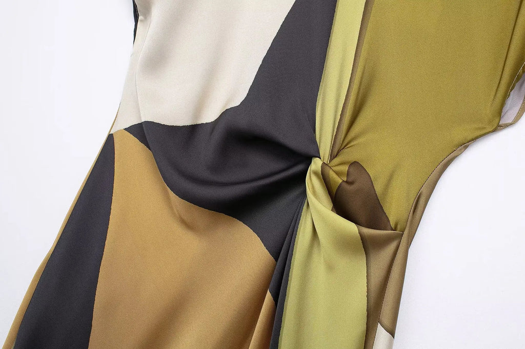 Vintage Satin Asymmetric Print Midi Pinch Pleat Long Dress LADYLYS