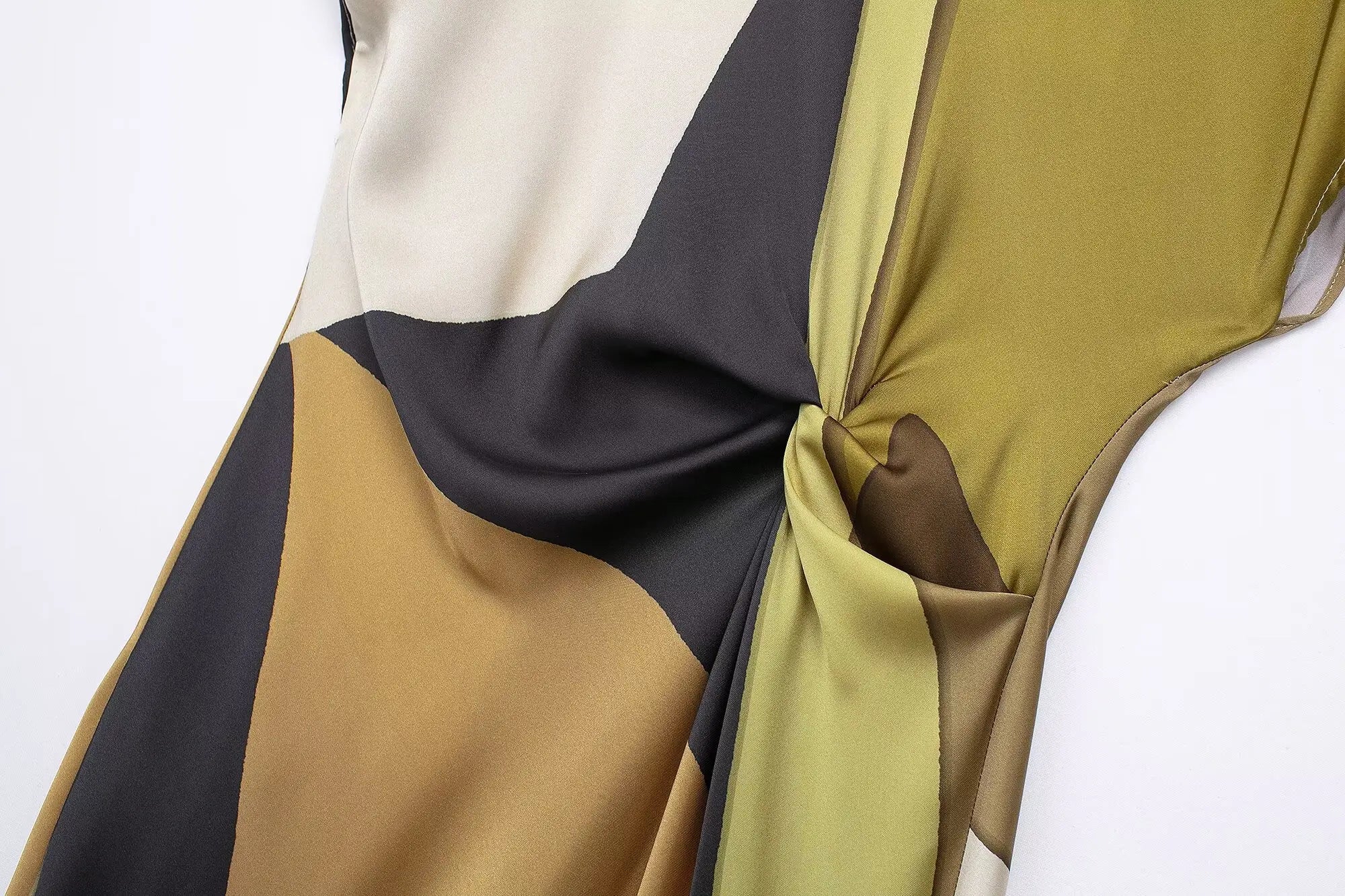 Vintage Satin Asymmetric Print Midi Pinch Pleat Long Dress LADYLYS