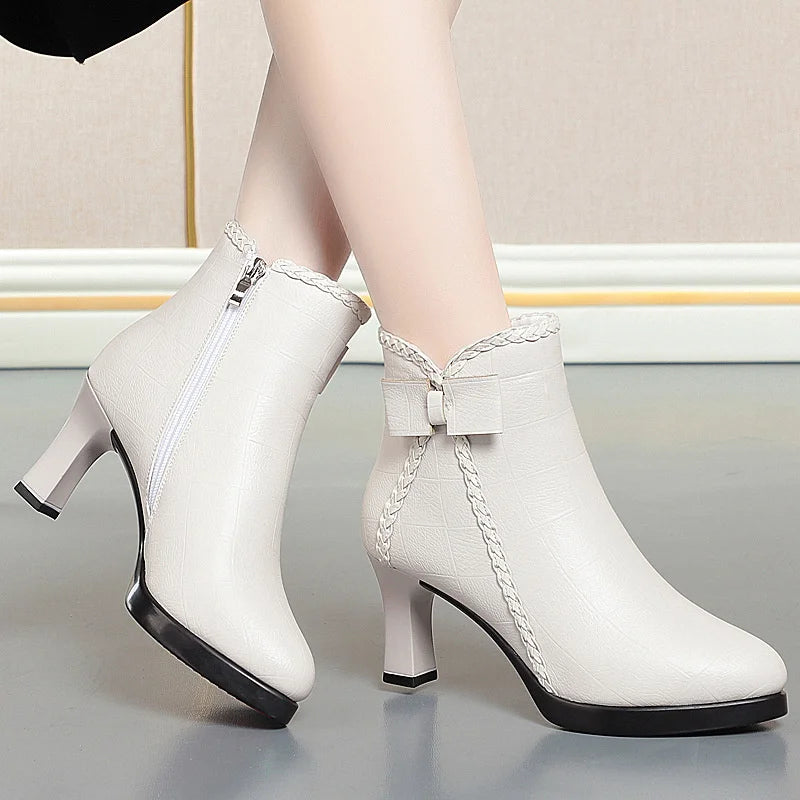 Women's Velvet Stiletto Ankle Boots – Pointed Toe Platform Booties with Bow Detail