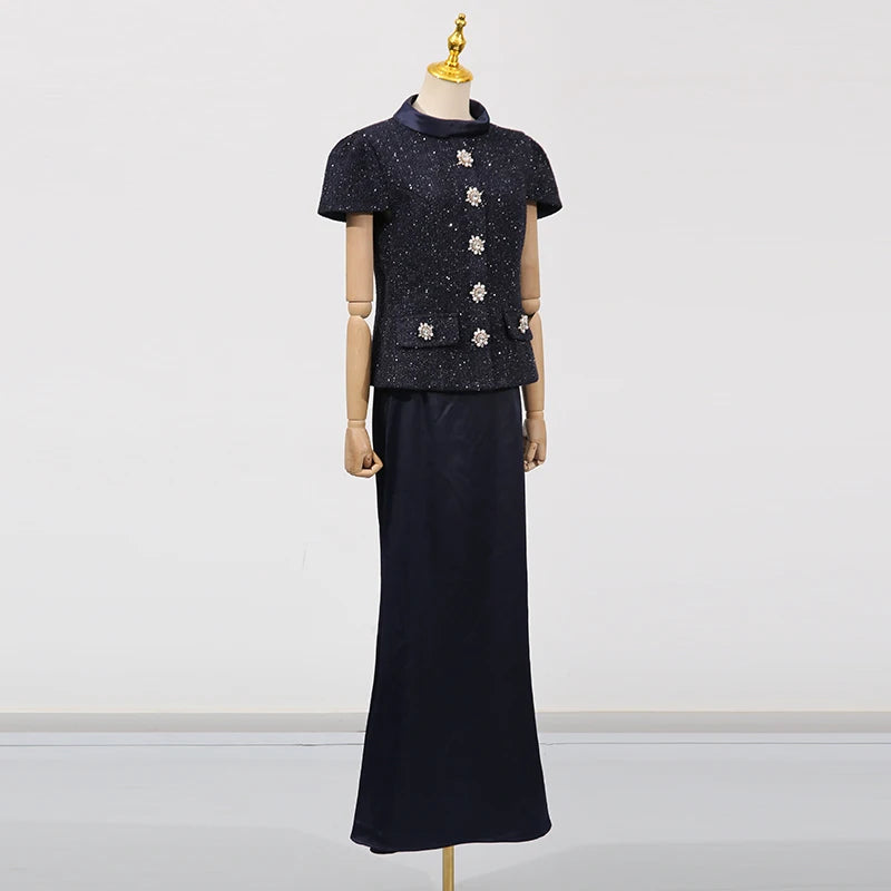 Sets Stand Collar Short Sleeves Spliced Pocket Tweed Top High Waist Maxi Skirts Vintage Suit LADYLYS