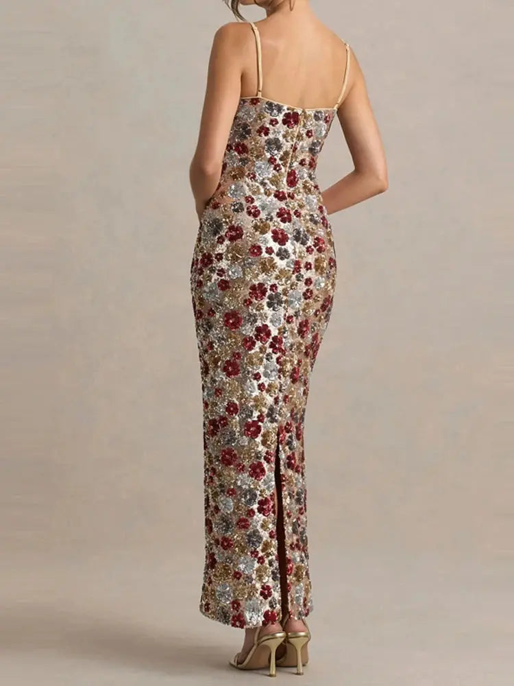 Elegant Flower Sequin Slim Suspender Sexy Long Dress LADYLYS