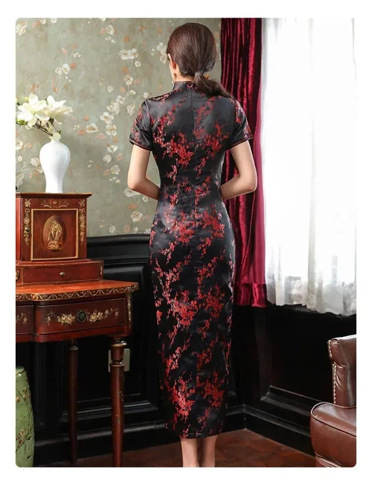 Printed Short-Sleeve Qipao-Inspired Midi Dress