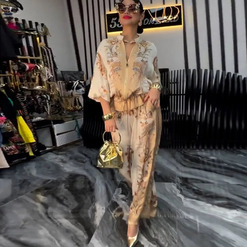 Printed Drawstring Trousers 2-Piece Set – Zipper Top & Wide-Leg Pants Outfit