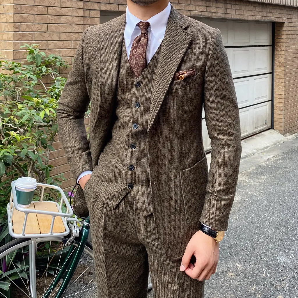 Men's Slim-Fit Herringbone Three-Piece Suit
