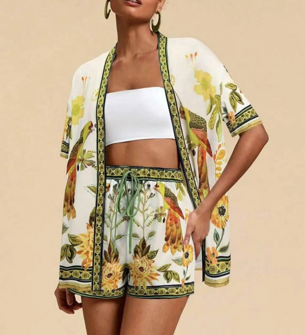 Casual Printed Cardigan Short-sleeved Top Shorts Two-piece Set LADYLYS