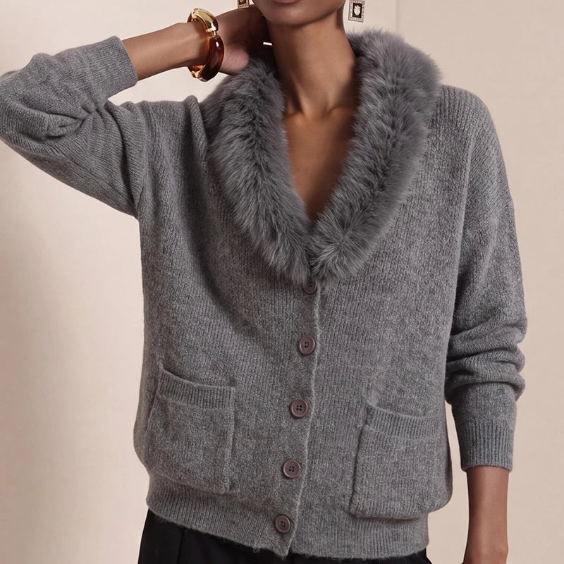 Women's Vintage V-Neck Knit Cardigan with Faux Fur Trim