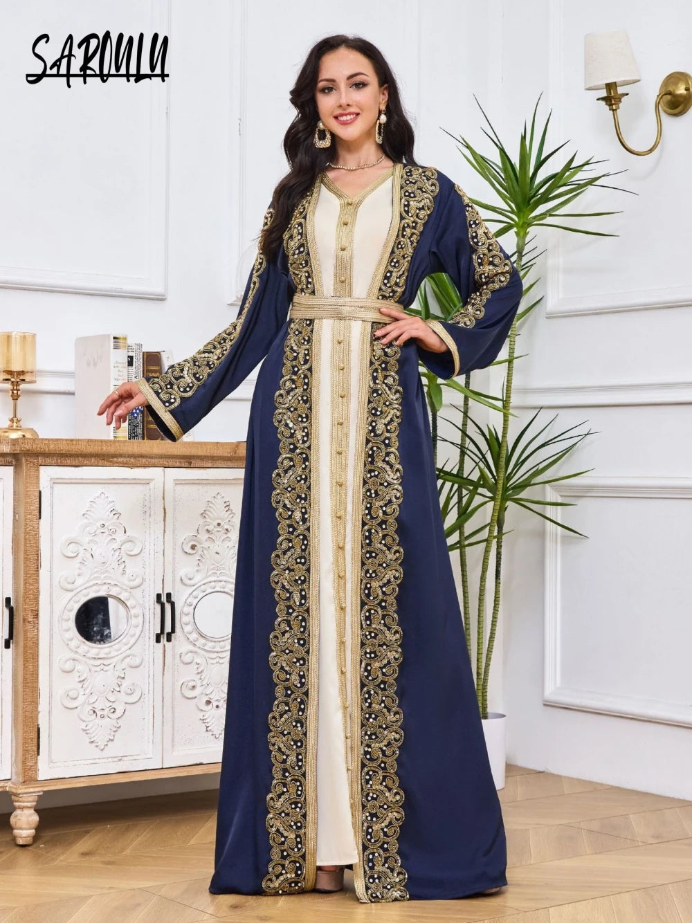 Robe de soirée luxueuse bleue 2 pièces, Kaftan, style musulman, Dubaï, élégante Matutina-Chic