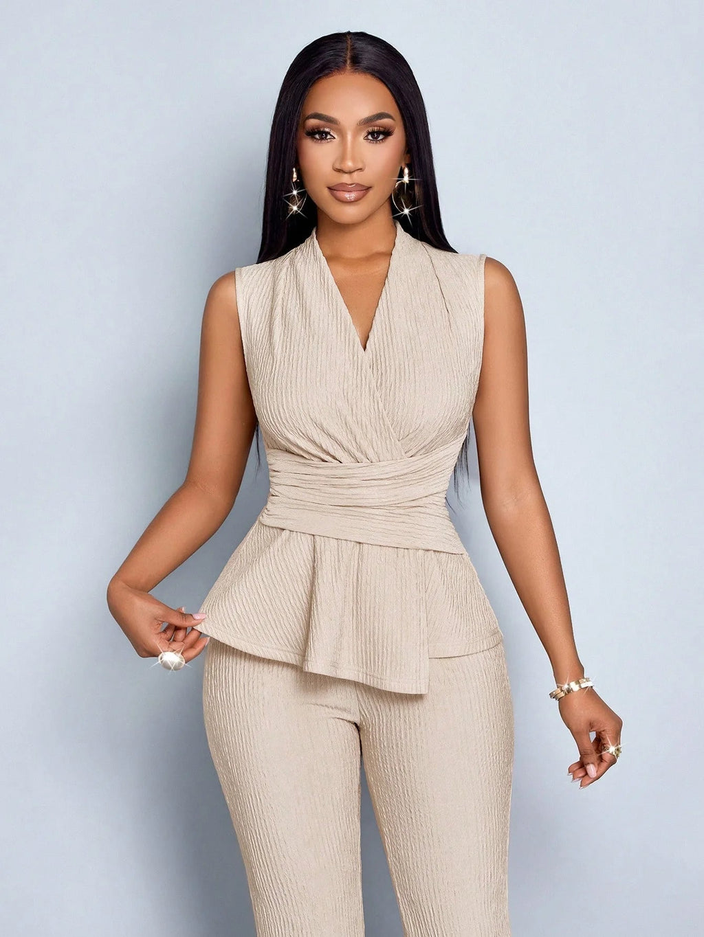 Apricot Elegant V-Neck Vest and Wide-Leg Pants Two-Piece Set LADYLYS