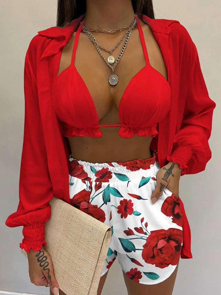 Three Pieces Swimwear Sexy Beachwear Bathing Suit Shorts Cover Up LADYLYS