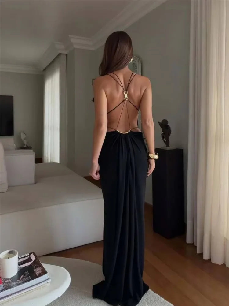 Deep V Cutout Ruched Maxi Gown – Spaghetti Strap Sleeveless Evening Dress