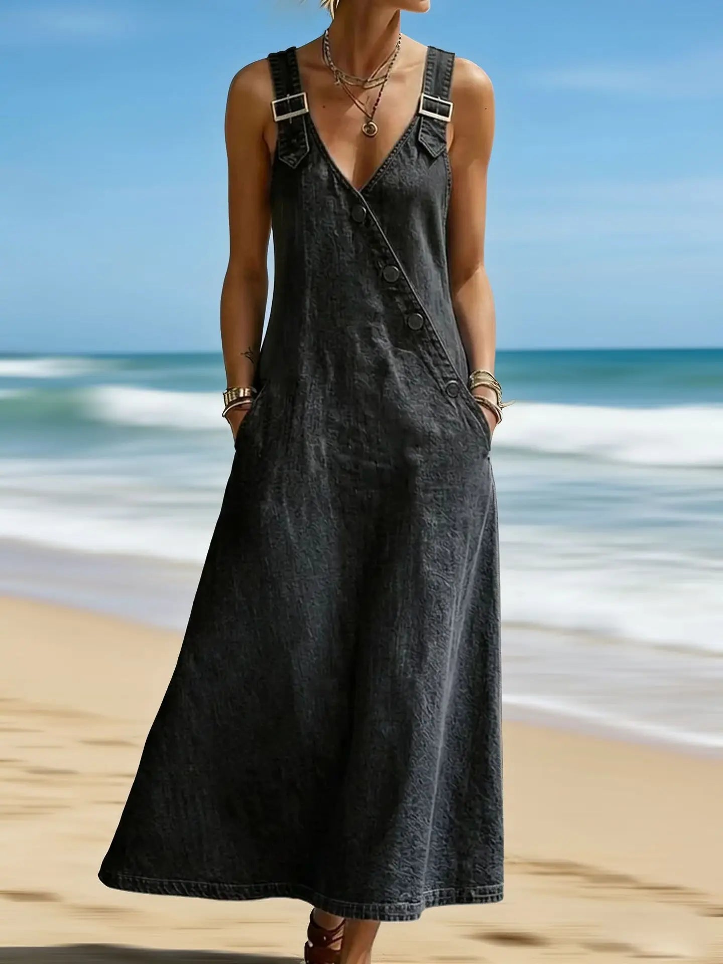 Women Denim Suspender Dress Sleeveless Overall Dresses Distressed Backless V Neck Button Washed Vestidos Summer Sundress A Line LADYLYS