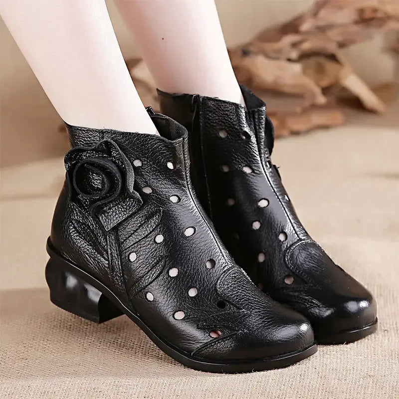 Women's Leather Ankle Boots with Low Heel and Zip