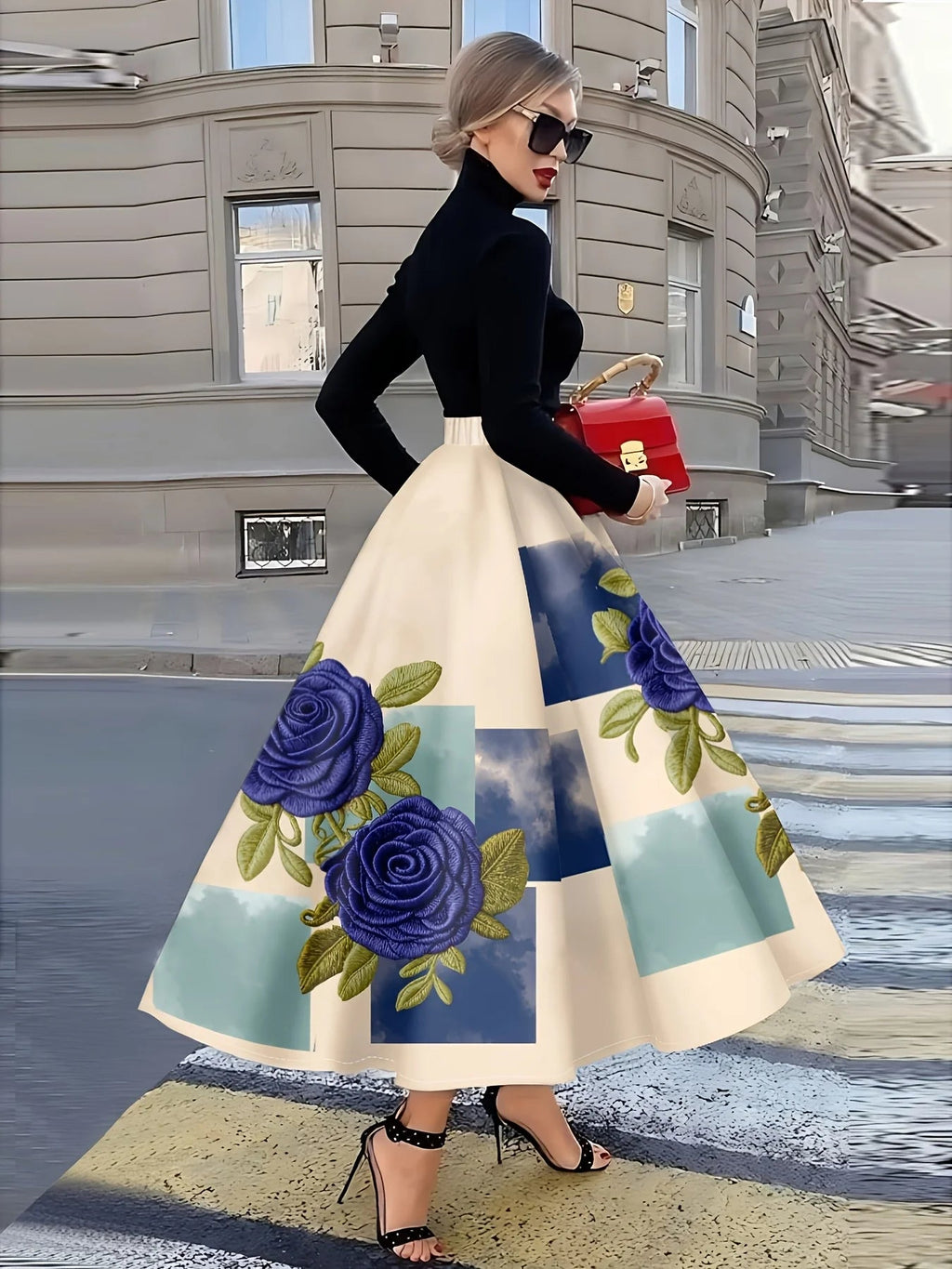 Elegant Women Midi Skirt with Rose Embroidery and Floral Print LADYLYS