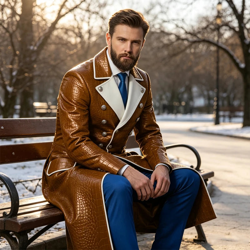 Men's Croc-Embossed Faux Leather Double-Breasted Overcoat with Contrast White Lapels