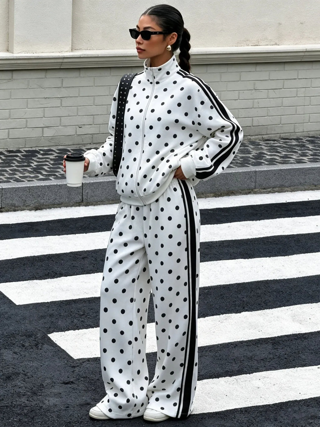 Women's Polka Dot Zip-Up Jacket & Wide-Leg Trousers Set