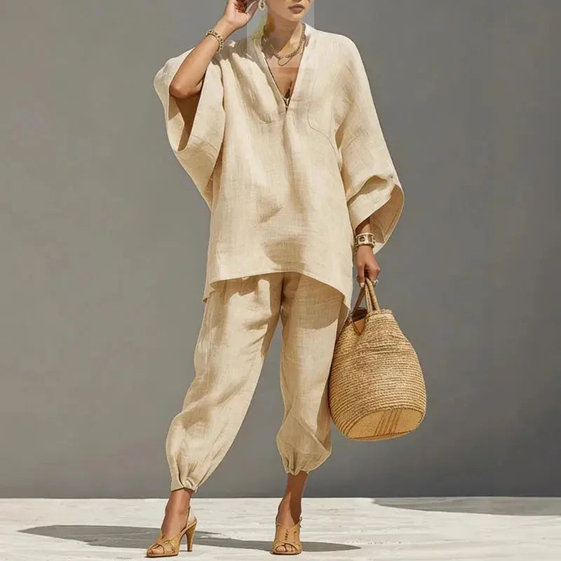Female Clothing Two Piece Set Spring V Neck Loose Top Pullover & Long Pants Vintage LADYLYS