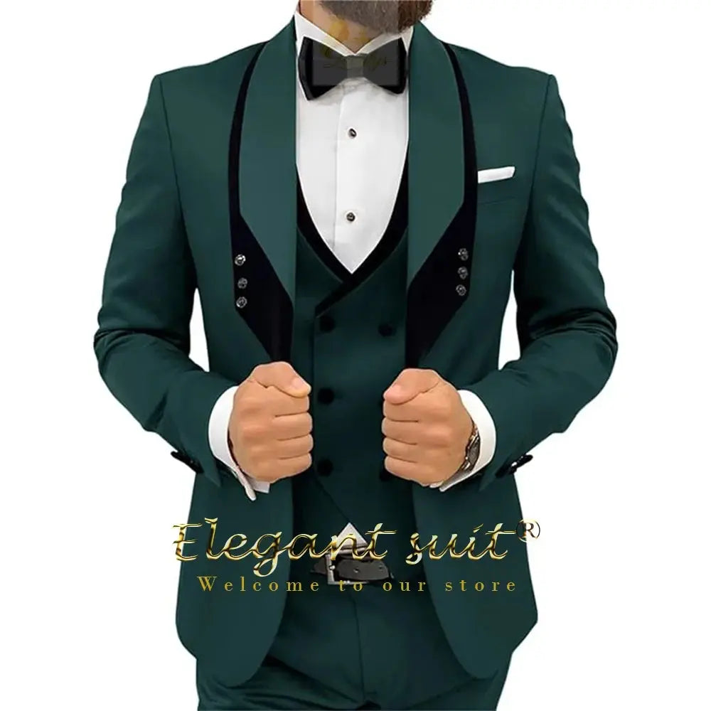Men's black collar 3 piece suit (single button jacket vest and trousers)elegant slim fit tuxedo LADYLYS