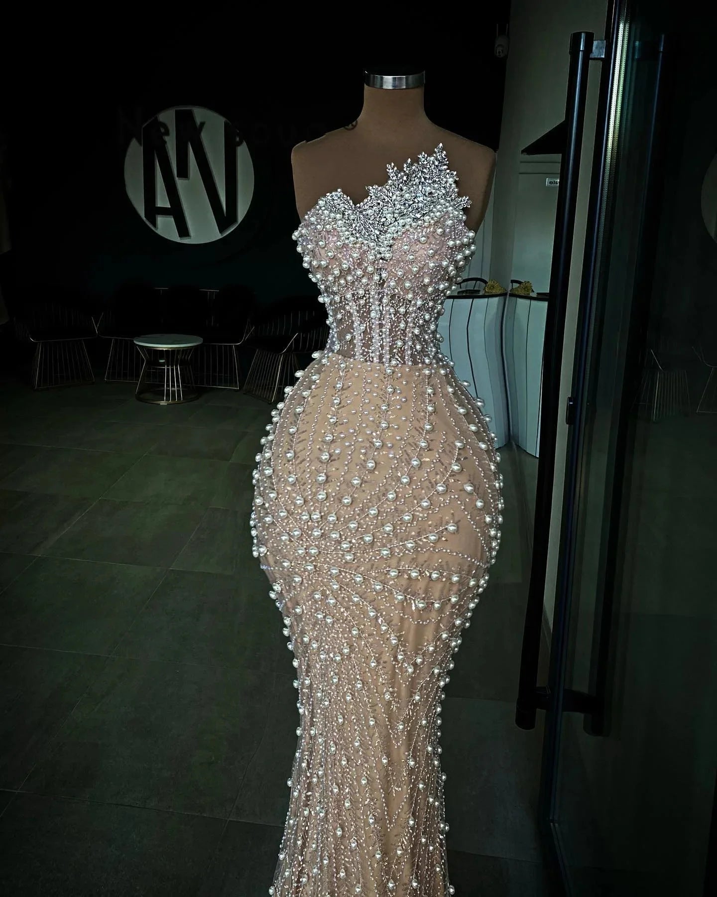 Gorgeous Evening Dresses Strapless Sleeveless Gown Pearls Beaded Sequins Crystal LADYLYS