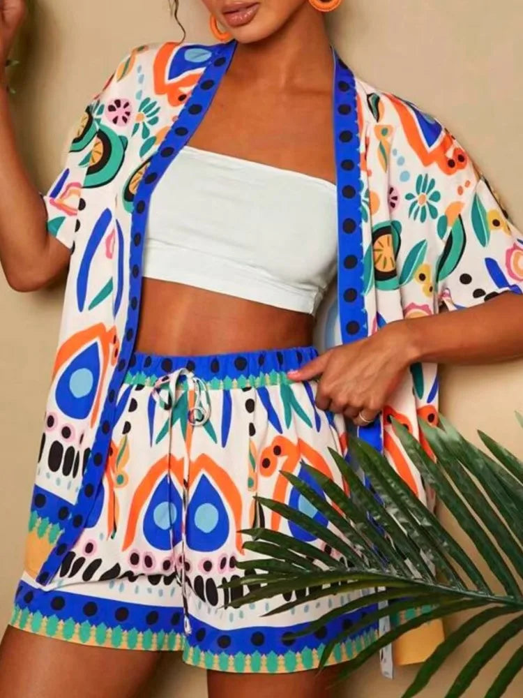 Casual Printed Cardigan Short-sleeved Top Shorts Two-piece Set LADYLYS
