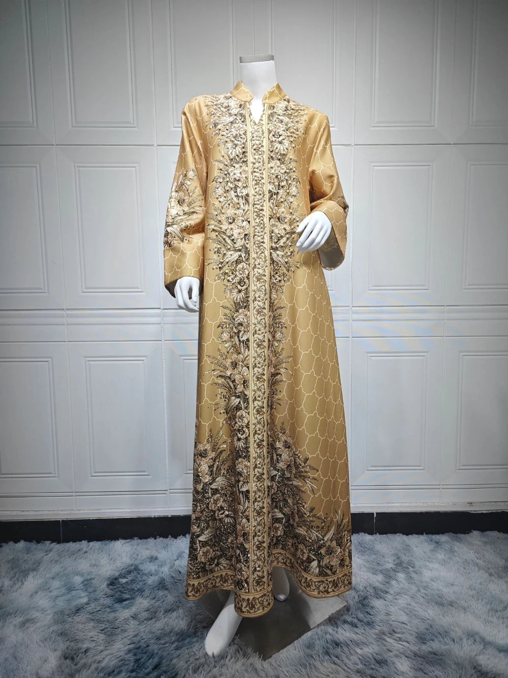 Floral Printing Unique Arabic Evening Dress, Charming Pearls Long Sleeves Cocktail Gown LADYLYS