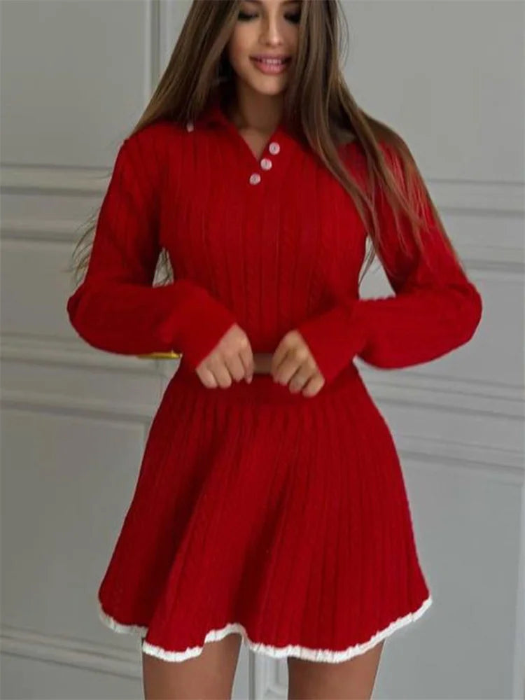 Patchwork Contrast 2-Piece Skirt Set – Long Sleeve Top & High Waist Mini Skirt