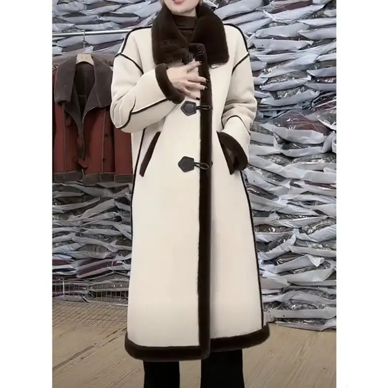 Women's Long Textured Coat with Toggle Fastening