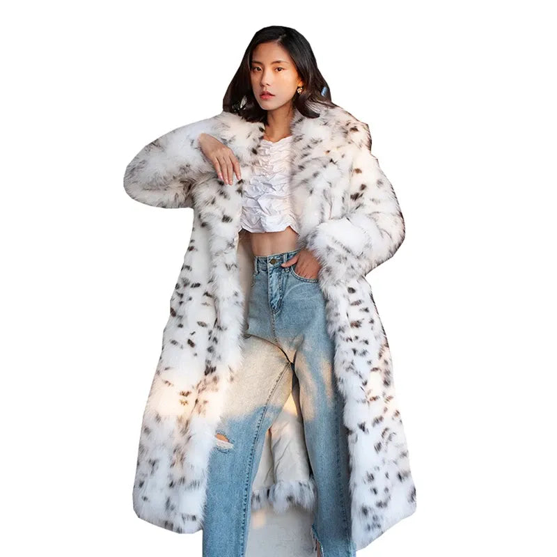 Women's Long Leopard-Print Fur-Look Winter Coat