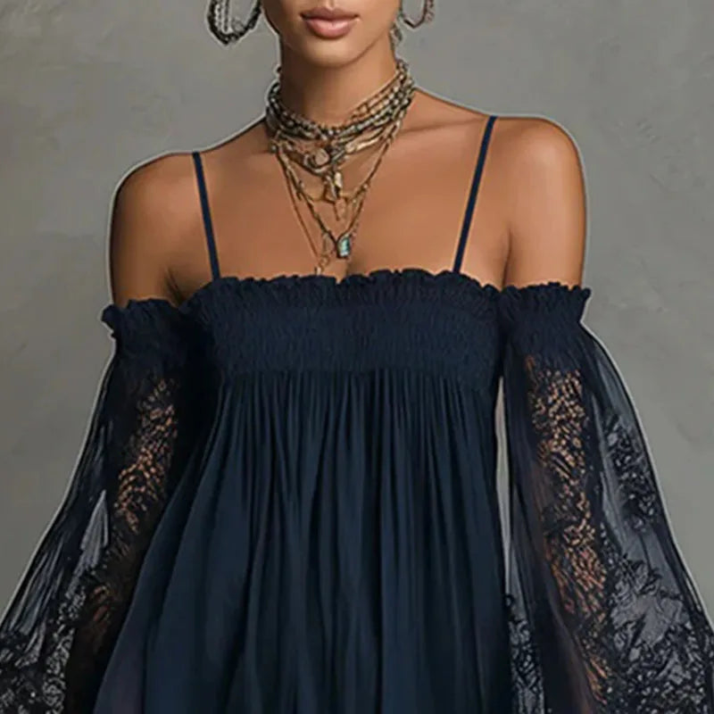 Boho Off-Shoulder Lace Mini Dress – Puff Sleeve Ruffle A-Line Party Dress