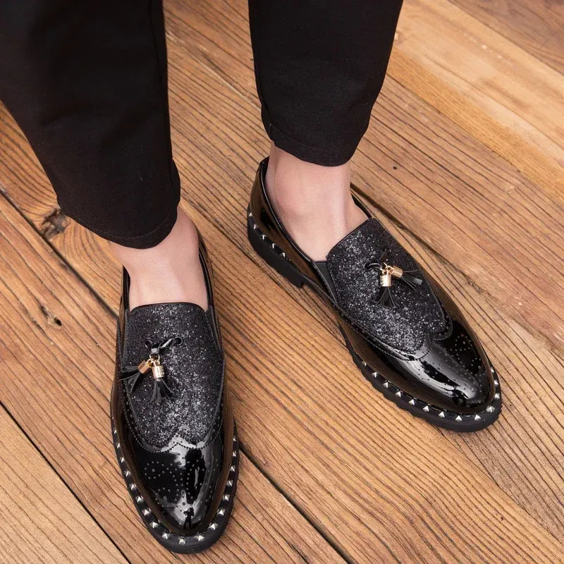 Men's Sequin Loafers in Black & Black Gold