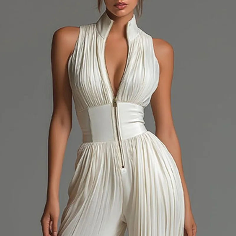 Elegant Chiffon Sleeveless Jumpsuit High Waist Pleated Flowy Wide Leg LADYLYS