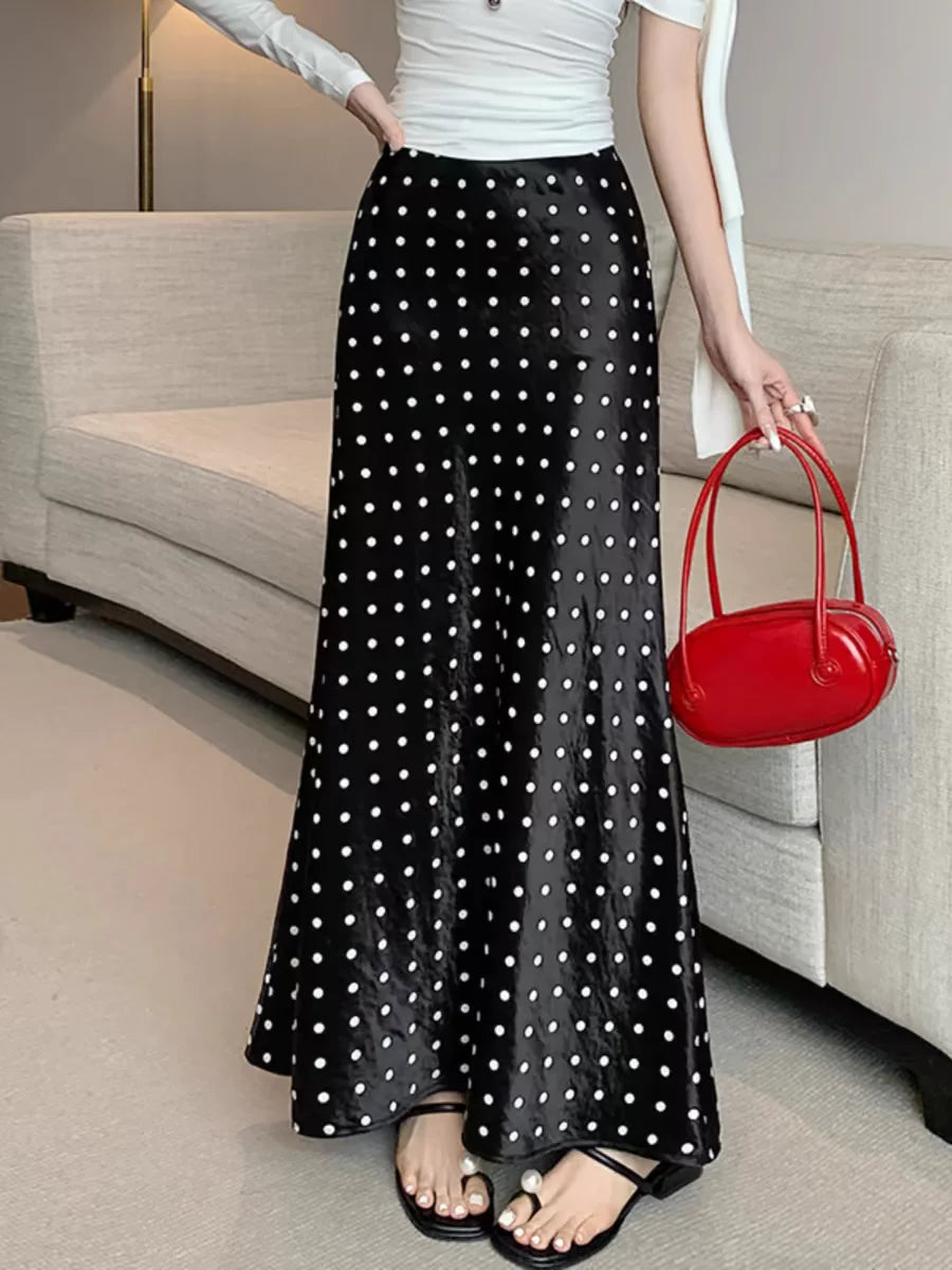 Polka Dot Acetate Satin Mermaid Maxi Skirt High-Waisted Slimming Fishtail Hem with Draped Elegance LADYLYS