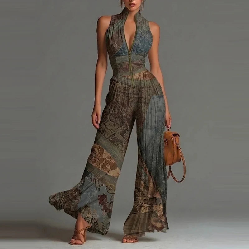 Elegant Lady Zipper Wide Leg Playsuits Stand Collar High Waist Pleat Jumpsuit LADYLYS