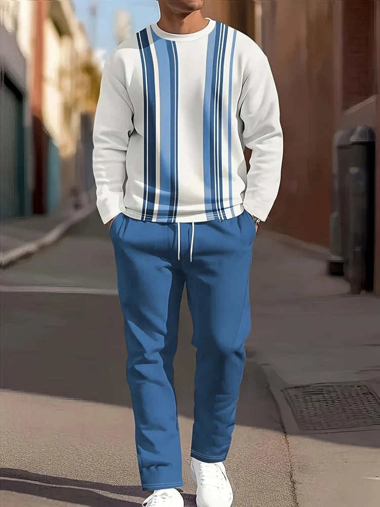 Men's Gradient Print Crew Neck Long Sleeve Top & Casual Pants — 2-Piece Set