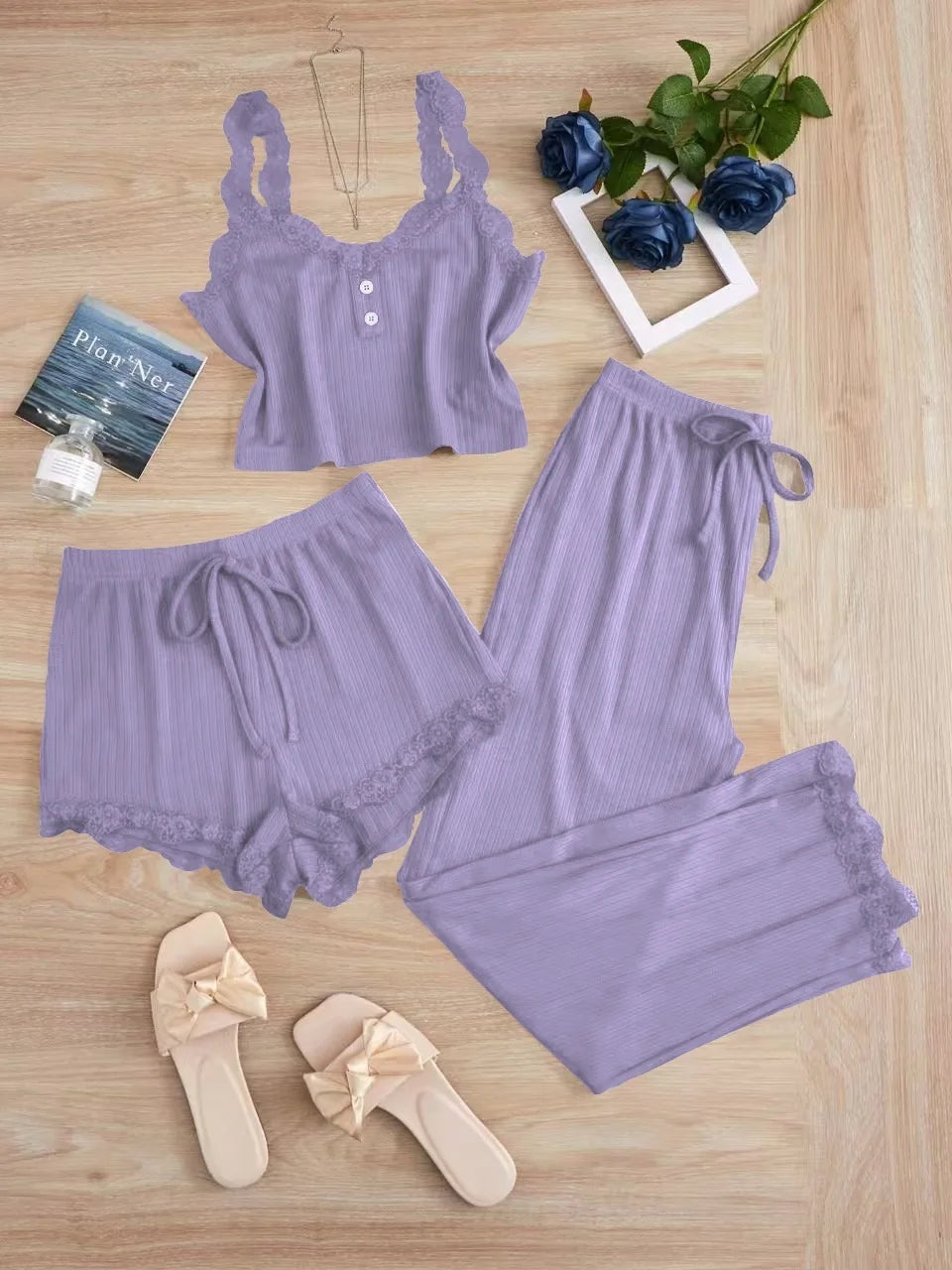 3PCS Pajama Sets Solid Vest Shorts and Pants Paired with Lace Splicing LADYLYS