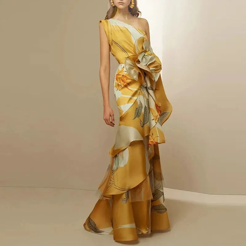 Floral Print Dress Ladies Elegant Diagonal Collar Long Dress LADYLYS